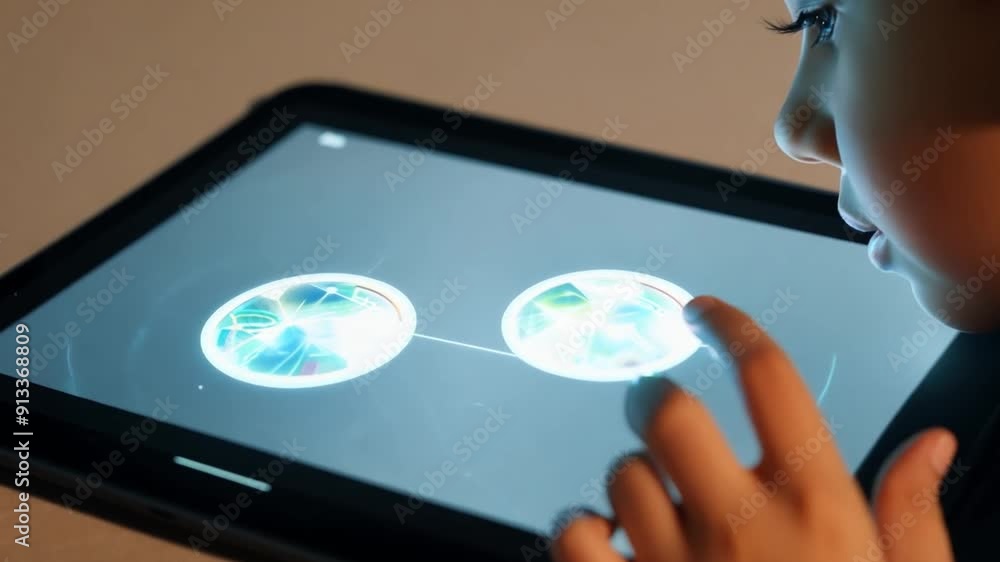 Poster a child interacts with a glowing tablet screen, exploring digital content at home in the evening.