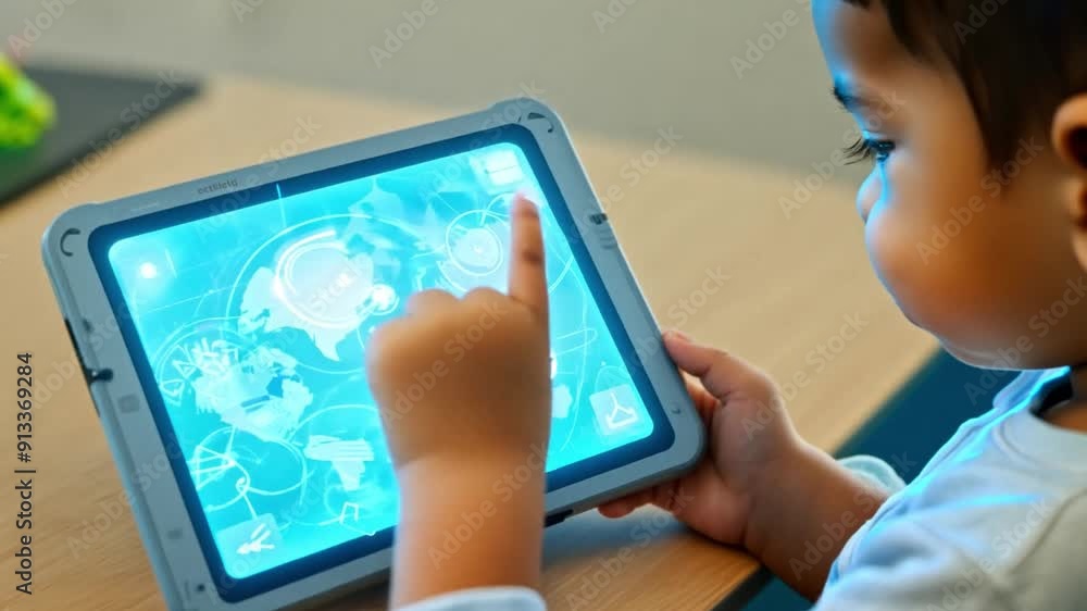 Poster a young child explores an interactive tablet, captivated by digital content, while seated at a woode