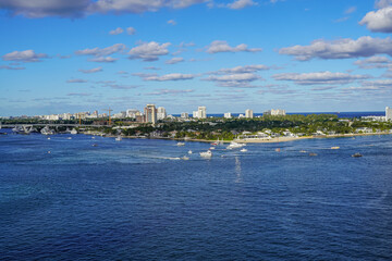 View of the Miami port, is magnificent buildings, cruise ships and the container Crain park