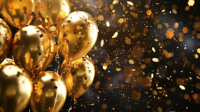 A bunch of golden balloons with star shaped confetti floating in the air.