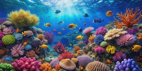 Naklejka premium Vibrant underwater coral reef teeming with colorful sea life, coral reef, underwater, vibrant, colorful, marine life, fish