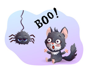 Amusing black cat and spider. Boo! Vector illustration.