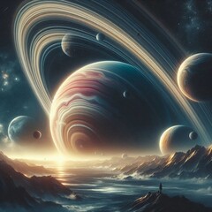 a captivating wallpaper featuring a planet with prominent rings and multiple moons
