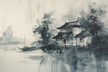 Obraz premium Traditional monochrome oriental ink painting, Landscape with old house, tree and boat on the river.