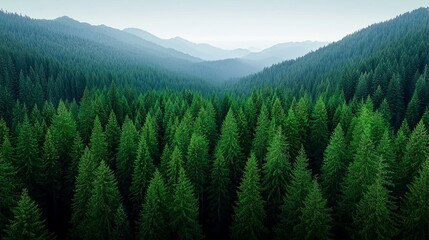 Fototapeta premium Sunset casting a warm glow on a dense evergreen forest, highlighting the timber textures Copy space