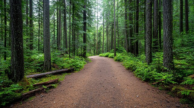 Sun-dappled forest floor in a wooded area with lush evergreen trees and scattered timber Copy space