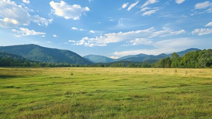 Obraz premium Expansive Green Meadow with Distant Mountains and Blue Sky
