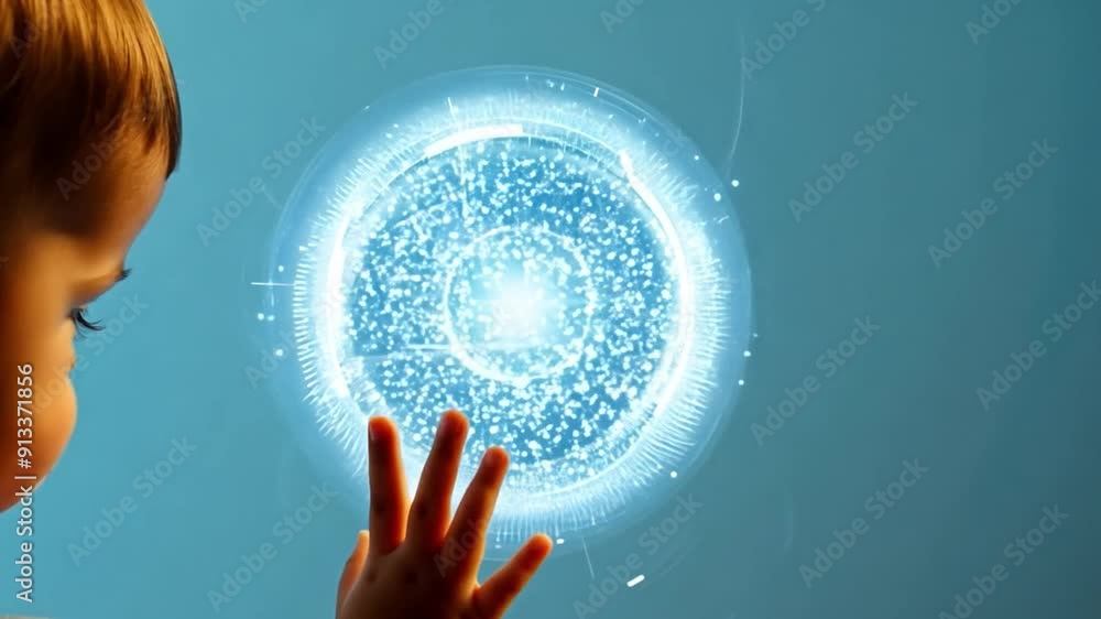 Aufkleber a young child curiously reaches out to touch a glowing holographic display, exploring futuristic tec