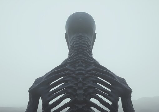 "Alternate species" concept, a grey being with an exposed skeleton, no skin, but still living. Broadened spinal cord for increased strength.