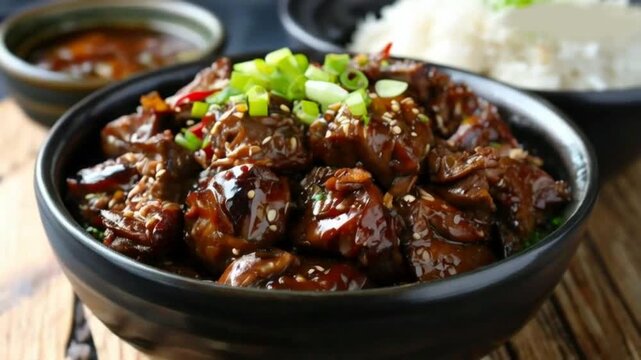filipino pork adobo in bowl with rice in background HD 4K Video Clip 