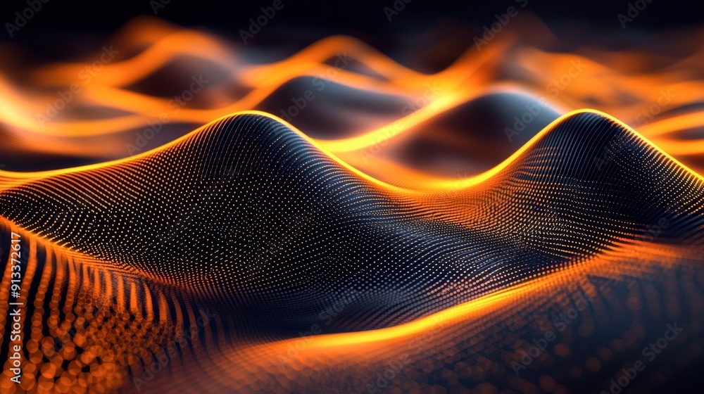 Poster a computer generated image of a desert landscape with orange and black waves