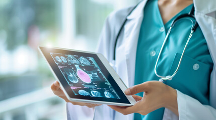 Doctor holding a digital tablet with mammography