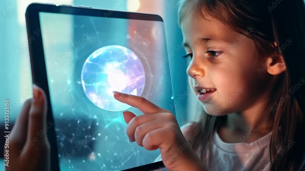 Aufkleber A girl smiles while interacting with a holographic display, fascinated by the colorful visuals in a softly lit room.