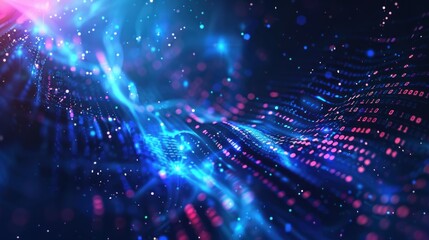 Obraz premium Digital aura Astronomy background featuring glowing particle data with dark abstract blue light effects, blurred foreground elements to add depth, in a futuristic digital art style style