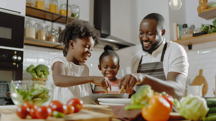 Smiling black father and children cooking in a kitchen