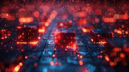 Abstract Digital Cubes with Red Glowing Lights.