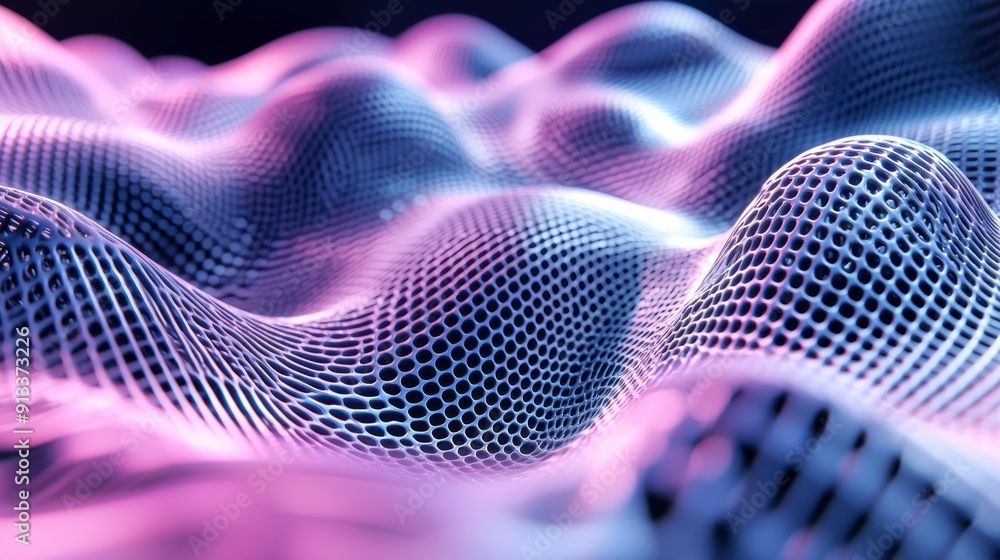 Poster a computer generated image of a pink and blue wave with a mesh texture