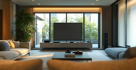 A living room with a large flat screen TV and a potted plant