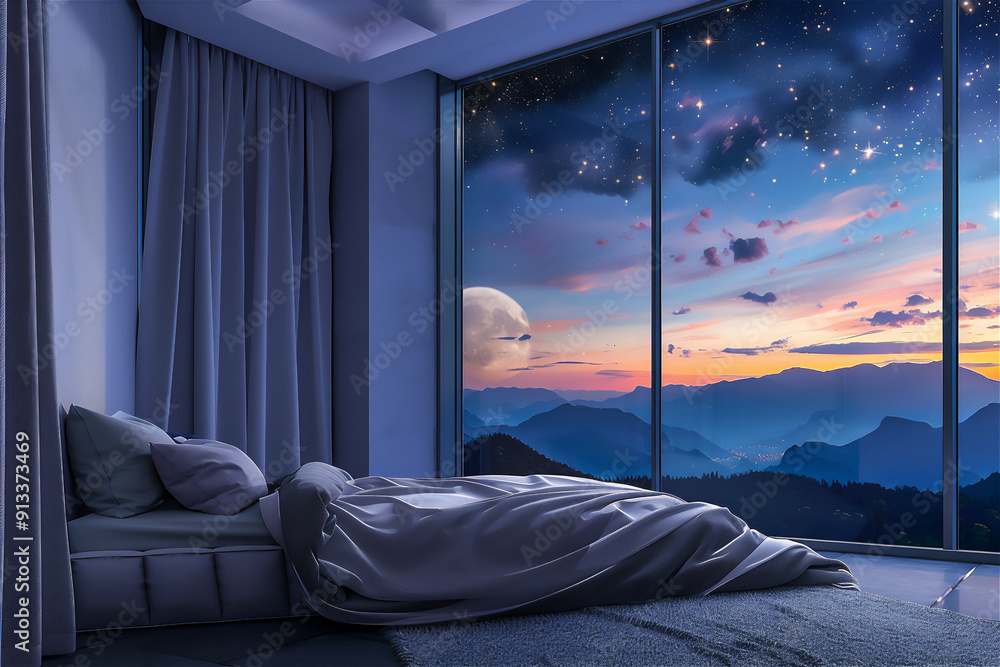 Wall mural luxury bedroom interior with mountain theme at sunset