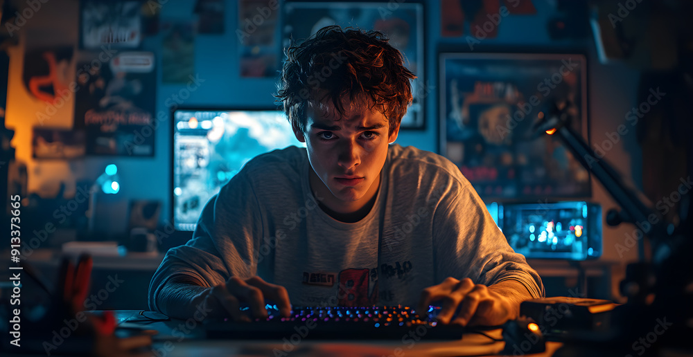Poster a young man is sitting in front of a computer with a keyboard and a monitor