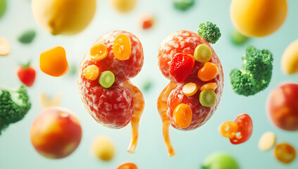 A creative splash of healthy fruits and vegetables surrounding colorful kidney shapes, symbolizing nutrition and wellness.