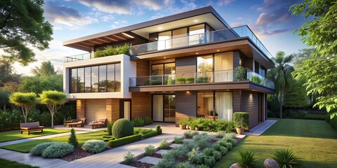 Fototapeta premium Modern three-story house surrounded by a lush garden, modern, house, garden, architecture, design, exterior, contemporary
