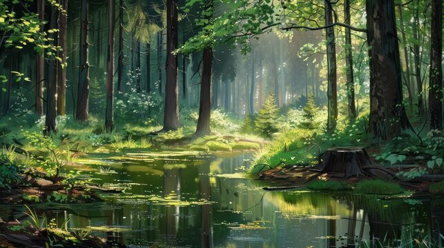 Sunlit Forest Pond with Lush Greenery
