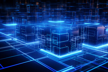 3D illustration virtual structure of cyberspace of extruded cubes on the background of modern data center with blue backlight