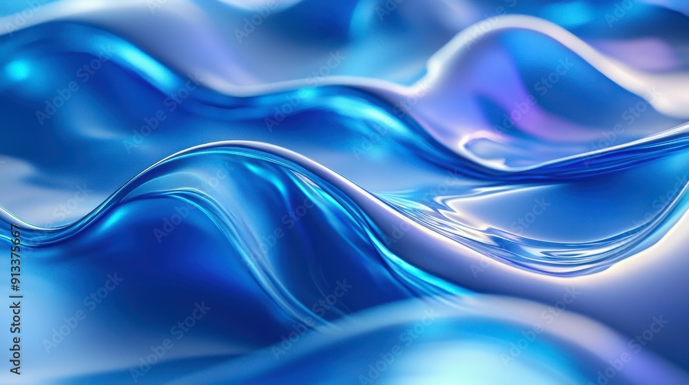 Wall mural The image is a blue wave with a shiny, reflective surface