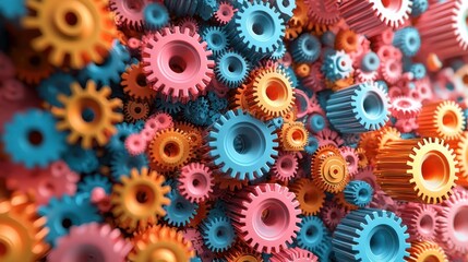 A colorful collection of gears with a variety of colors including pink, orange