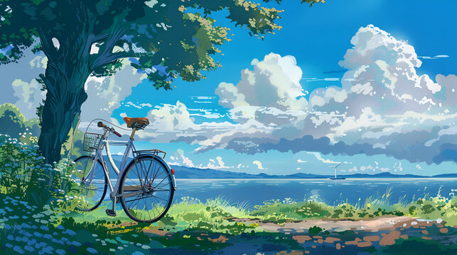 a clssic bicycle in beautiful spring summer natural landscape and a flowering meadow against a blue sky with clouds on a bright sunny day, Generative AI