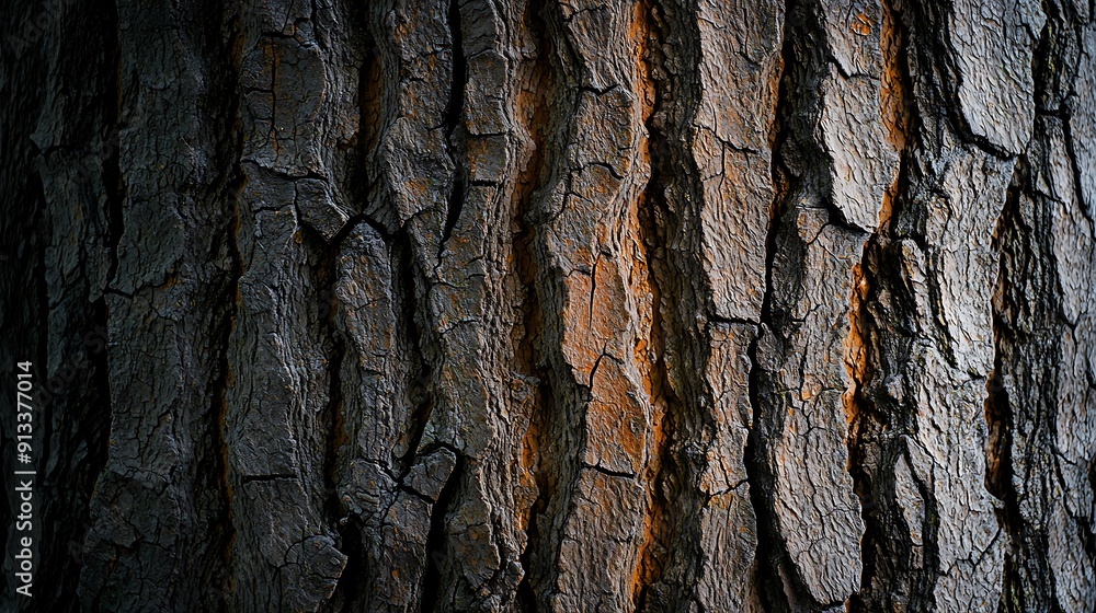 Poster a close-up of textured tree bark with soft sunlight filtering through the canopy, leaving copy space