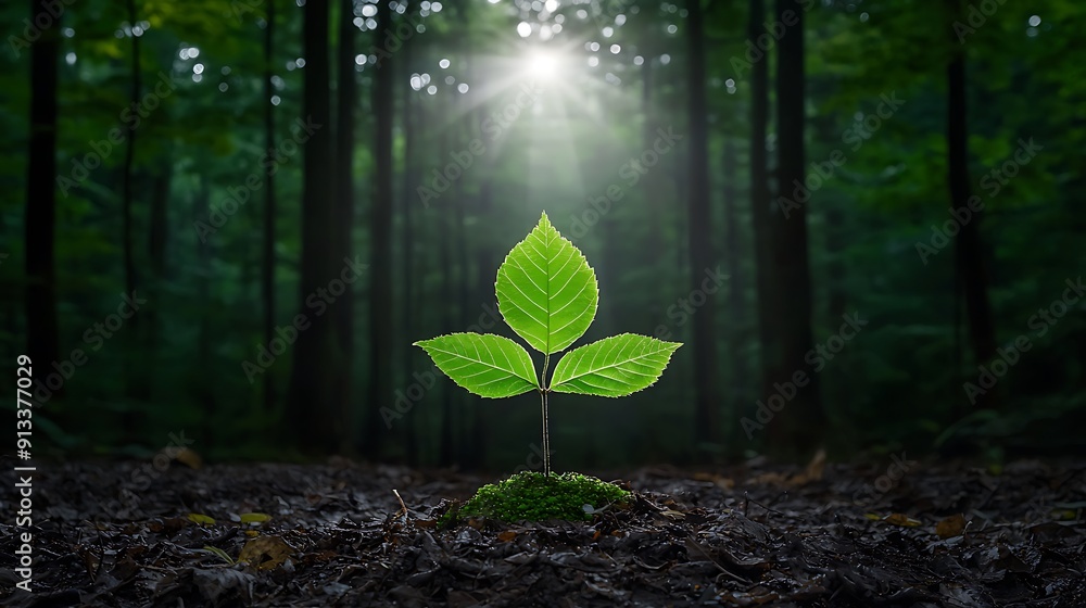 Poster a forest scene with sunlight dappling through the leaves, highlighting a patch of copy space on the 