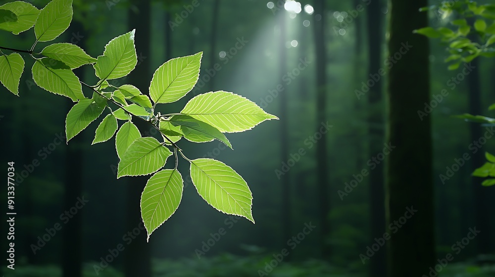 Poster a forest scene with sunlight dappling through the leaves, highlighting a patch of copy space on the 