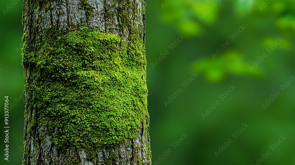 Poster a vertical composition of a tree trunk with moss and lichen, offering copy space for text or brandin