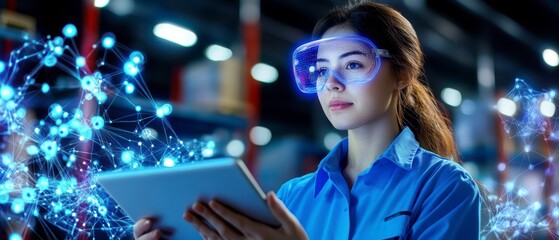 Augmented Reality Technician, Woman using digital tablet in futuristic workspace, High-tech innovation.