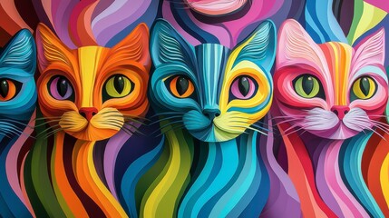 Three cats with colorful eyes are painted on a wall