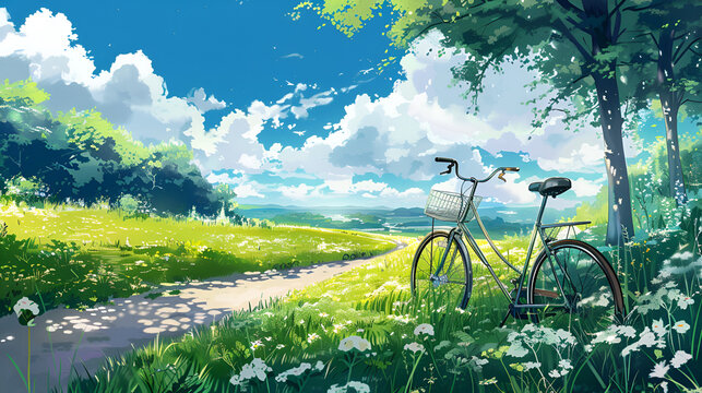 a clssic bicycle in beautiful spring summer natural landscape and a flowering meadow against a blue sky with clouds on a bright sunny day, Generative AI