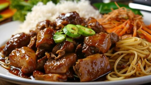 pork adobo meal with filipino foods such as lumpia, pancit noodles, and rice High quality HD 4K video clips 