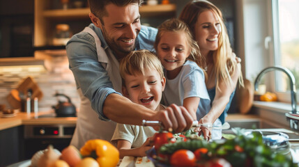Fototapeta premium Happy Family with children smiling and cooking in a kitchen 