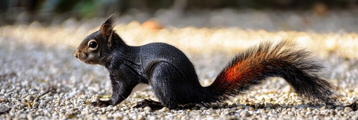 A melanistic eastern gray squirrel with a red tail perched on gravel showcasing a unique genetic variation in pigmentation
