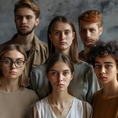 Fototapeta premium A diverse group of young individuals in casual clothing. Neutral background with soft lighting. Ideal for topics about youth, diversity, and modern lifestyle. 