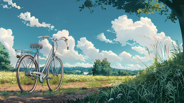 a clssic bicycle in beautiful spring summer natural landscape and a flowering meadow against a blue sky with clouds on a bright sunny day, Generative AI