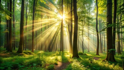 Sunlight streaming through a dense forest, sunlight, trees, nature, forest, sunlight beams, greenery