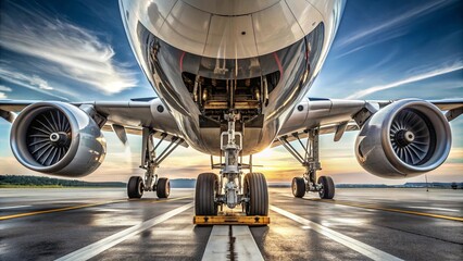 Close up view of the landing gear under a large jet plane, aircraft, airplane, close-up, landing...