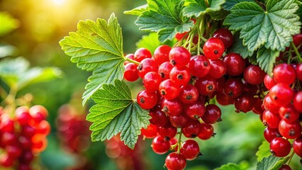 Fototapeta premium Vibrant red currant berries on a green bush , Fresh, food, organic, summer, fruit, healthy, agriculture, juicy, macro, close up