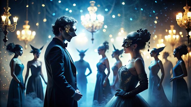 Mysterious silhouettes at a secretive masquerade ball , night, party, event, masks, hidden, elegant, luxury, dance