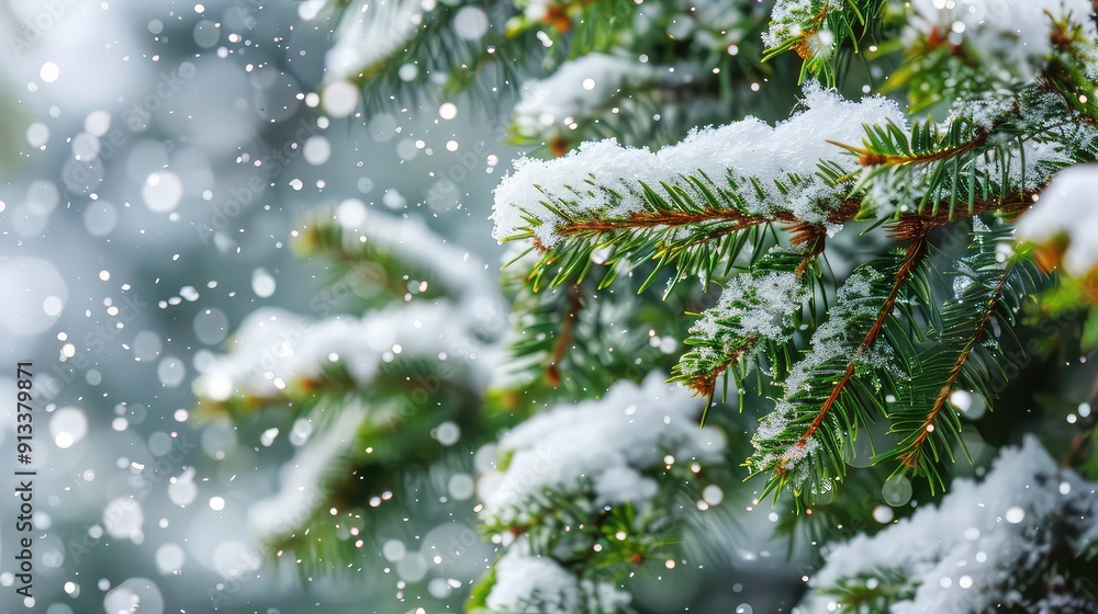 Poster close-up of evergreen tree branches covered in snow with a blurred background of snowfall.