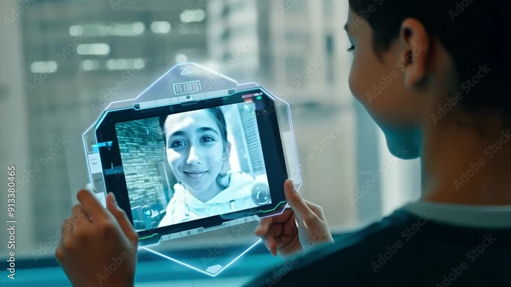 Poster A child engages with an augmented reality application, exploring interactive content in a contemporary educational setting.