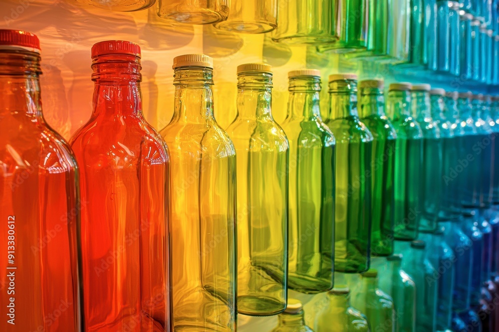 Poster a row of colorful bottles with a rainbow effect
